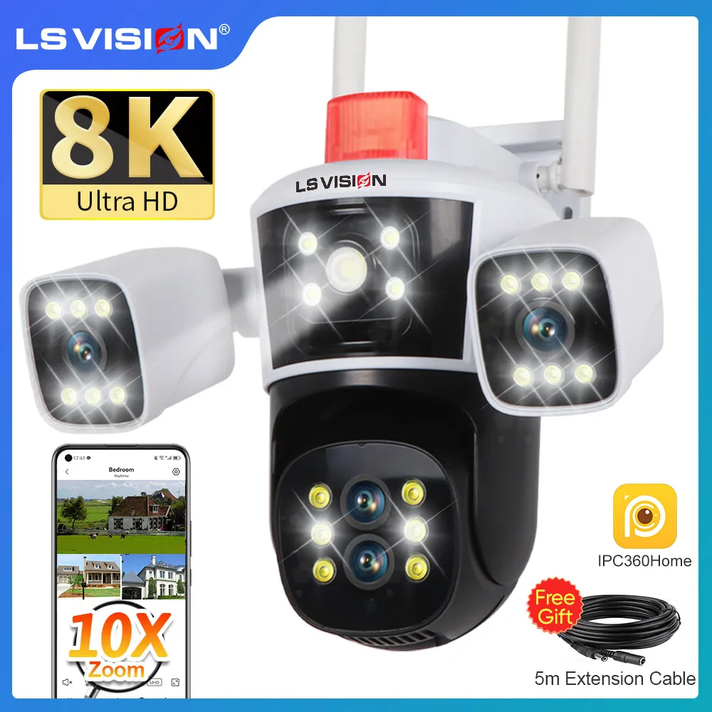 IP-камера LS VISION 8K 16 мп 10X с зумом, уличная с wi-fi, камерой видеонаблюдения с тремя камерами и четырьмя объективами 6K и функцией автослежения