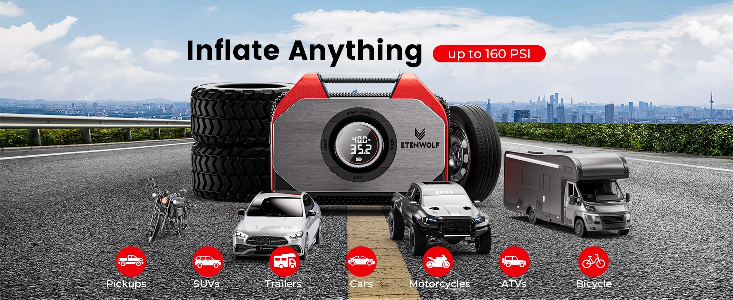 New ETENWOLF S6SE Portable Air Compressor 100% Duty Cycle & Dual Cylinder 19200 mAh Car Tire Inflator Bicycle pump Air pump S4e4f9fd99f1149d6970f29686e17559bL