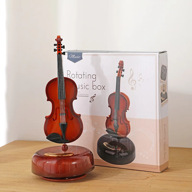 Creative Music Box Violin Guitar With Rotating Musical Base Classical Music Box Mini Replica Instrument Crafts Great Gift