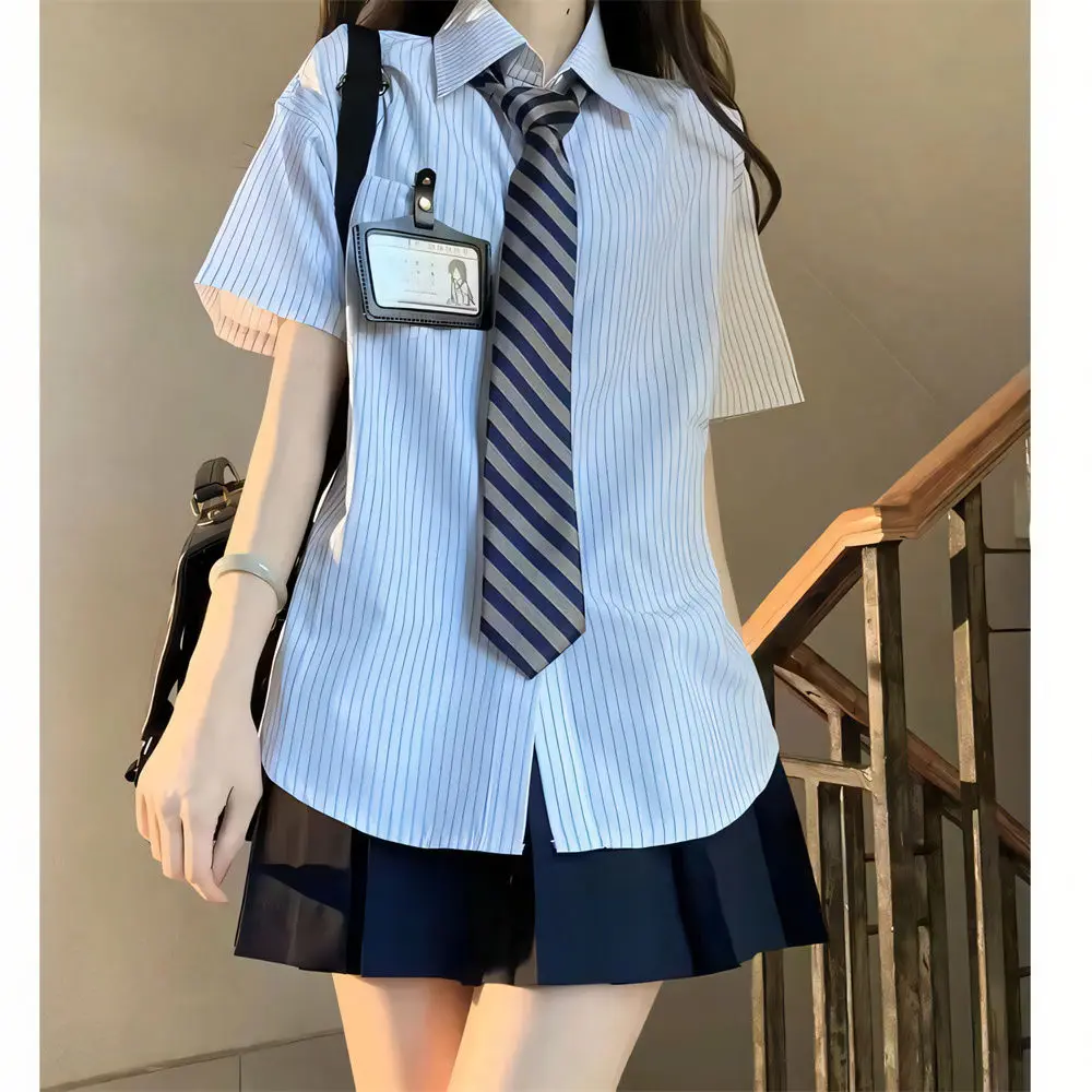 Japan Casual Jk Tie Striped Shirt Women Preppy Style Vintage Blouse Summer Cute Short Sleeve Retro Kawaii Design Tops New