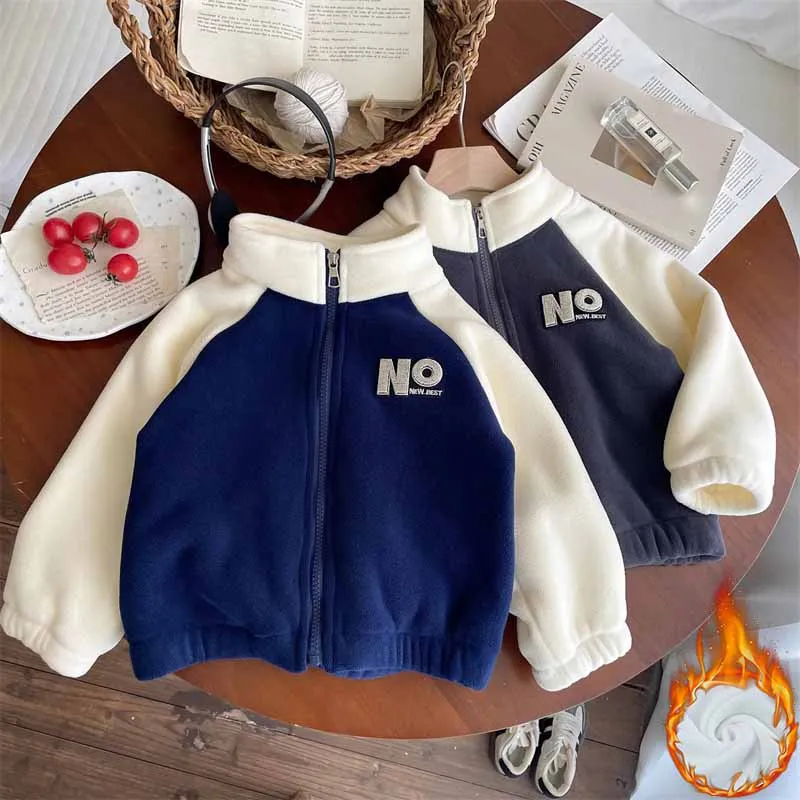Winter Warm Coat Baby Plus Velvet Thick Jacket Boys High Neck Letter Outerwear Girls Zipper Casual Tops New Long Sleeve Clothes
