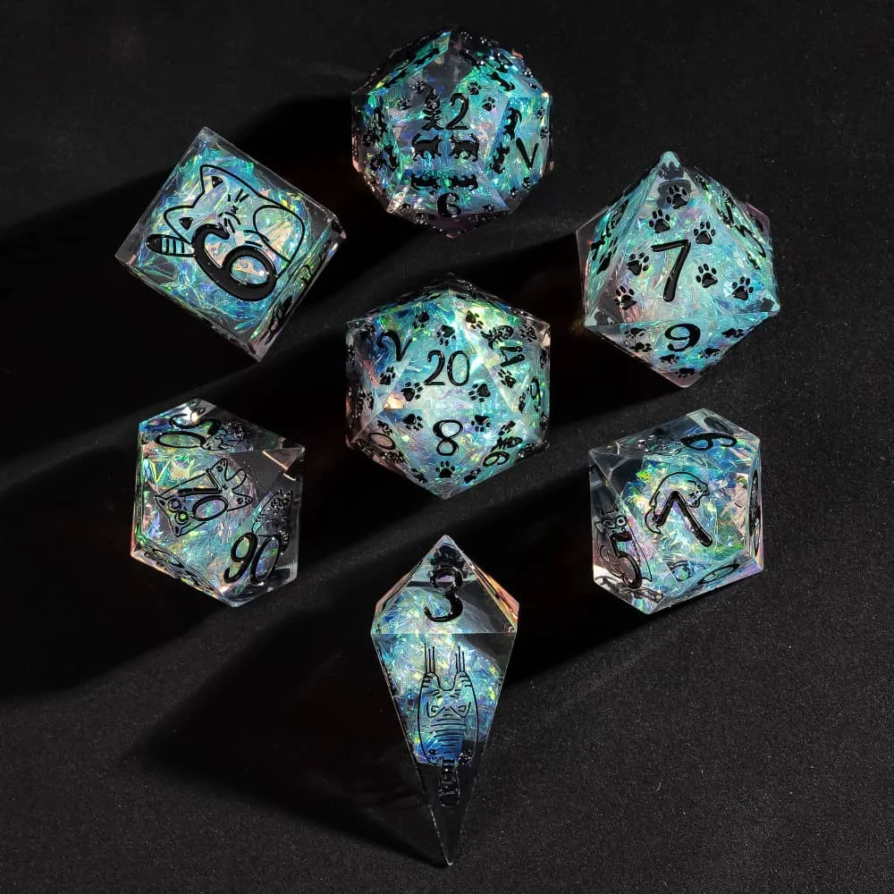 Cusdie Cat Element D&D Dice Set Sharp Edges D4-D20 Cute Cat Claws Fish Pattern Handcrafted Polyhedral Dices for RPG Board Games