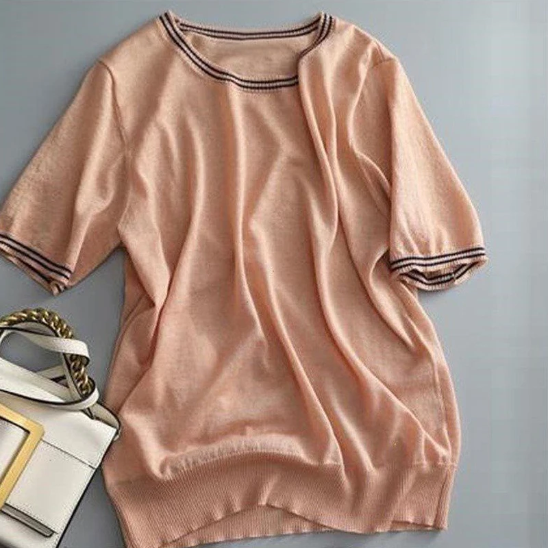 

Women Striped Patchwork Simple Elegant Basic Knitted T-shirt Summer Trendy Office Lady Short Sleeve Soft All Match Pullover Tops