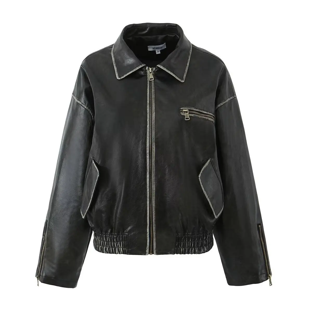 Women Elegant Solid Zipper Bomber Jacket Fashion Lapel Long Sleeve Elastic Waist Leather 2023 Autumn Female Chic High Streetwear
