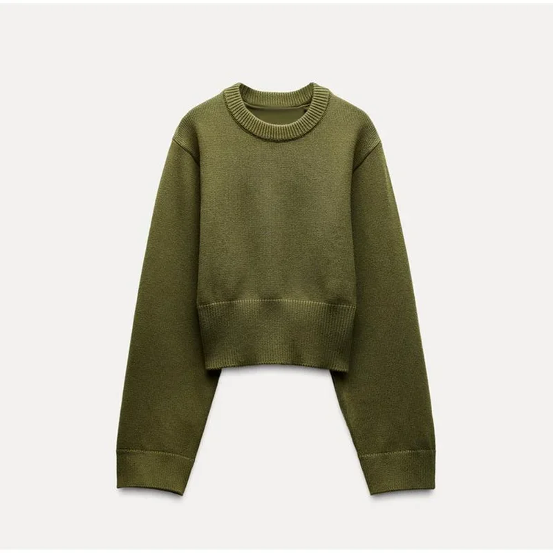 Vintage Solid O-Neck Cropped Sweater Pullover For Women Casual Long Sleeved Loose Jumper Female 2025 Spring Lady High Streetwear