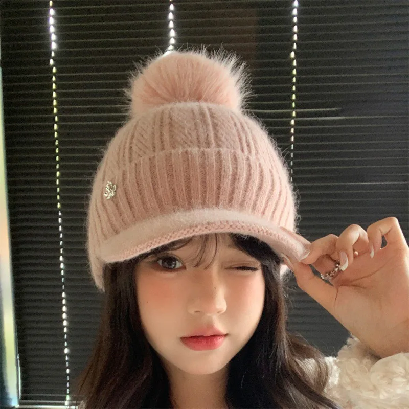 Pom-Pom-Baseballmütze im koreanischen Stil, Winter, niedlich, warm, gestrickt, Damenmütze, Outdoor, Radfahren, kältebeständig, warm, Baseballmütze, Wintermütze – Detail 1