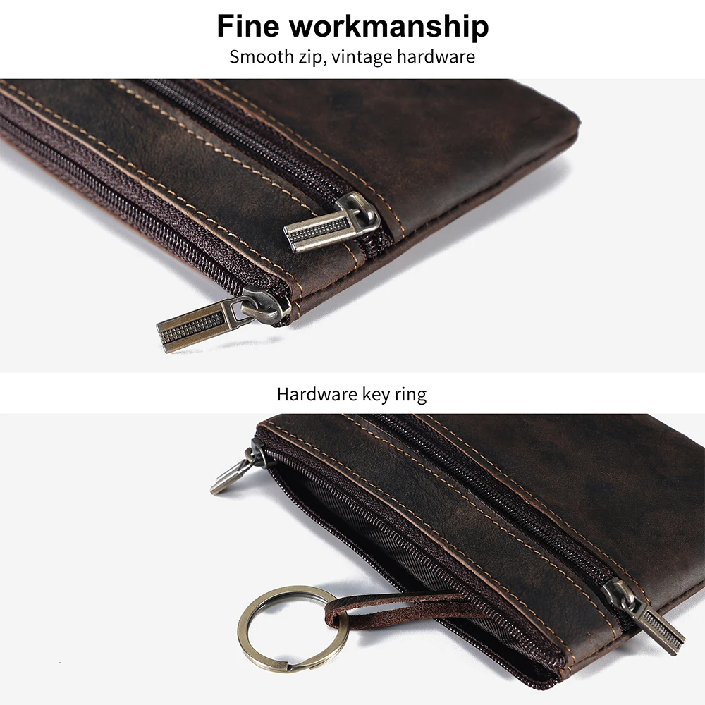JOYIR Vintage Crazy Horse Leather Men's Coin Purse Card Holder Wallet with Key Ring Cash Change Pouch