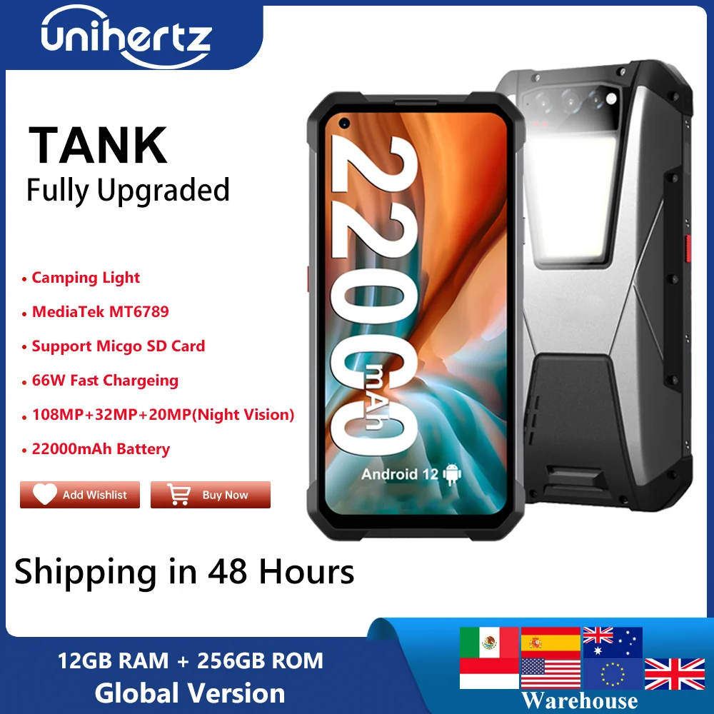 Unihertz Tank 22000Mah Smartphone Robusto Android 12 Cellulare Visione Notturna 108Mp G99 8Gb 12Gb 256Gb Cellulare