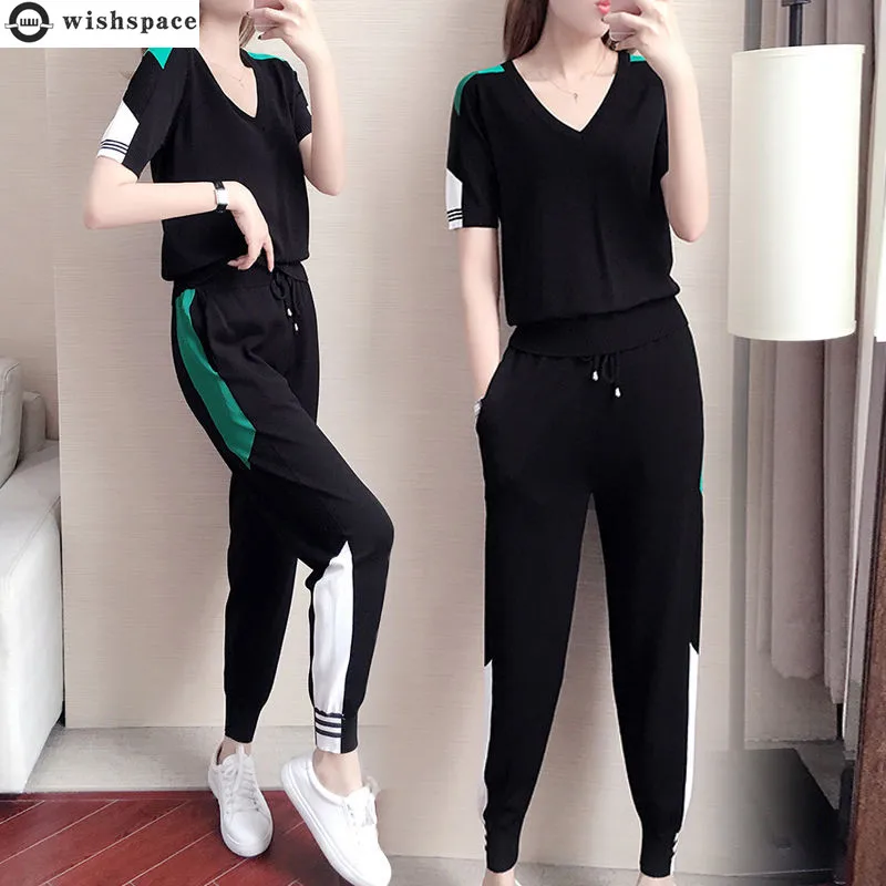 Korean Style Elegant Women's Sportswear Fashion Stripe Stitching Short Sleeve T-shirt Casual Trousers Two-piece Set Tracksuit