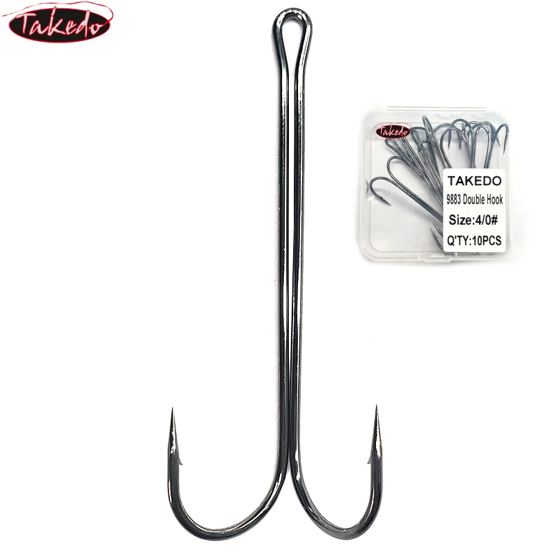 TAKEDO 10 Stück 9883 Langstiel-Doppelhaken, Unkrautfreier Angelhaken, Fliegenbindehaken für Jig-Bass-Angeln, Angelzubehör für Weichköder