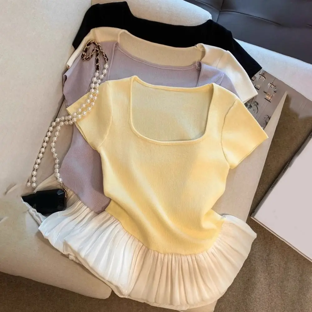 Fashion Short Sleeve Summer Knitted T-Shirt Slim Fit U-neck Sweet Crop Tops Patchwork Korean Style Mesh Ruffle T-Shirt Girls