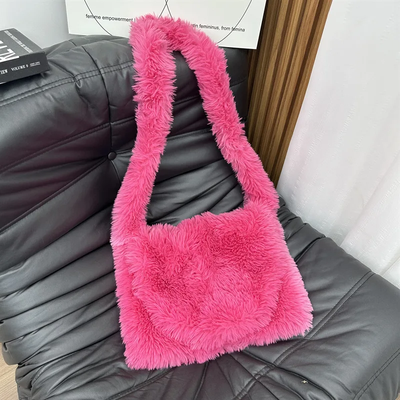 

Winter Furry Faux Fur Messenger Bag Simple Design Women Soft Plush Crossbody Bag Ladies Clutch Purse Handbag Female Underarm Bag