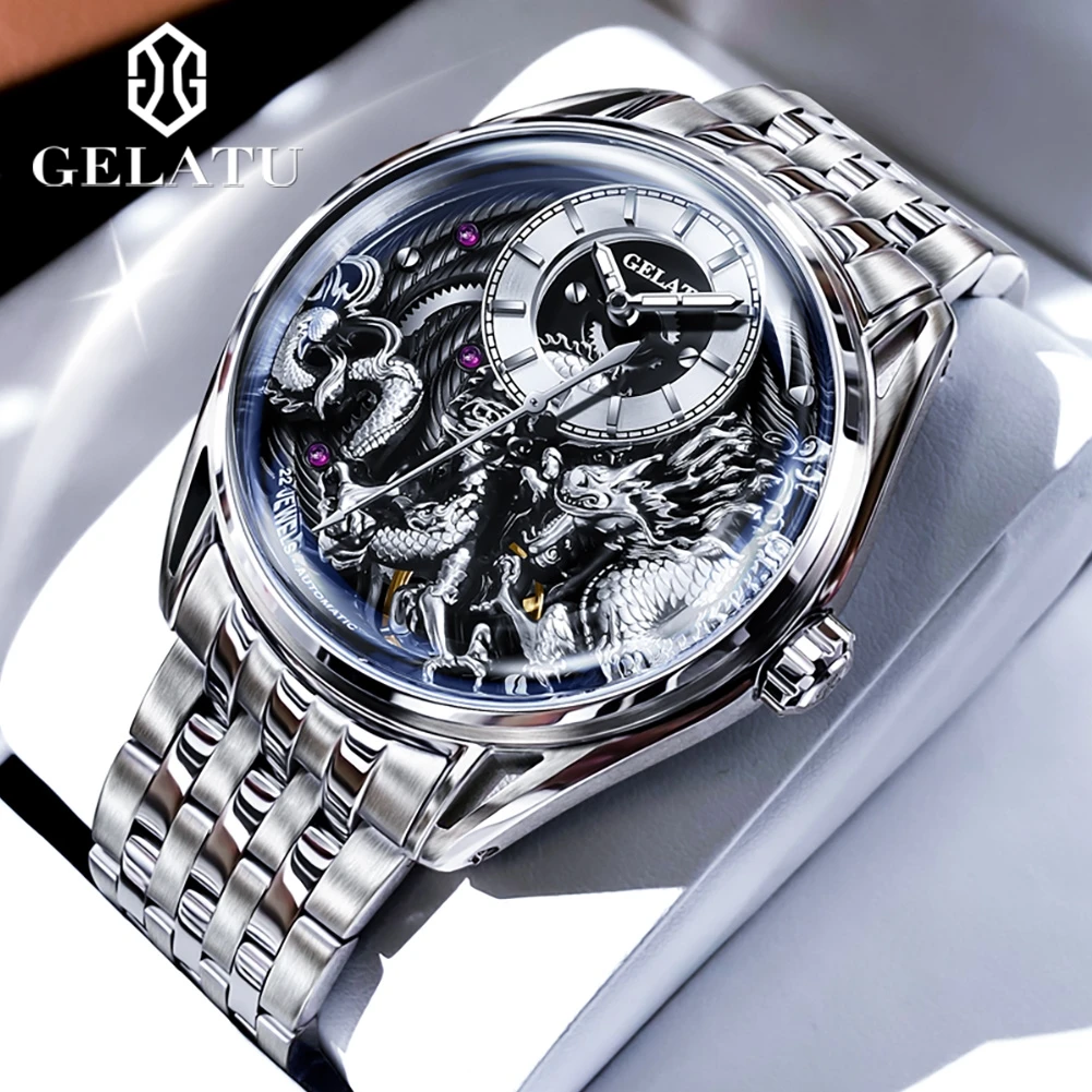 

GELATU 6018 Men's Watches Relief Dragon Fully Automatic Mechanical Watch for Men Sapphire Mirror Men's Wristwatches Luxury Brand