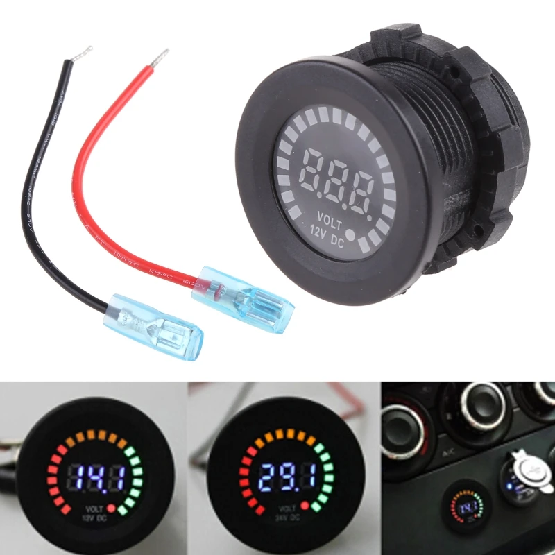 

Waterproof Round Digital LED Car Motorcycle Voltmeter Thermometer Car Truck