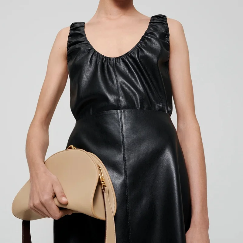 

2023 Spring and Summer Leisure Commute Artificial Leather Pleated Sleeveless Pullover Top Vest Woman