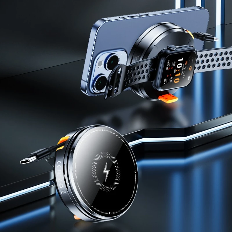 2 in 1 Magnetic Wireless Charger Built in Cable for Magsafe IPhone 17 16 15 14 13 12 Apple Watch 11 SE Airpods Pro Fast Charging