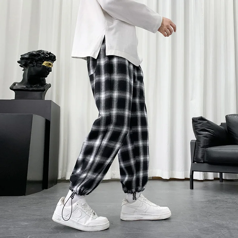Spring Autumn Men's Black White Checkered Pants Thin Pure Cotton Drape Sports Casual Trousers Loose Straight Tube Wide Leg Pants