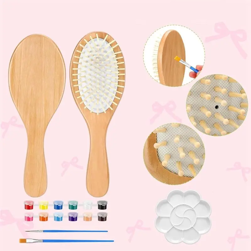C-Convenient-DIY 나무 헤어 브러쉬 페인팅 키트 6세트 나이트 파티 핸드페인팅 헤어 브러쉬에는 페인트 브러쉬와 팔레트가 포함되어 있습니다.