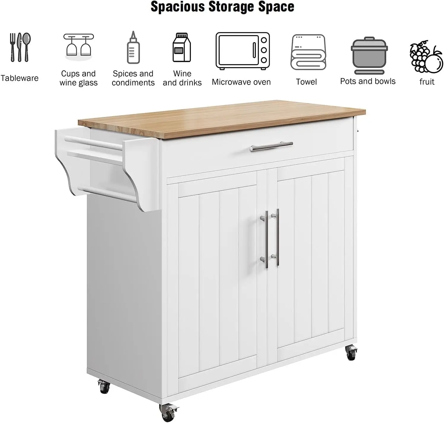 Storage Island, Wooden Rolling Kitchen Island On Wheels with Wood Top, Mobile Kitchen Island Cart with Towel Rack, Spice