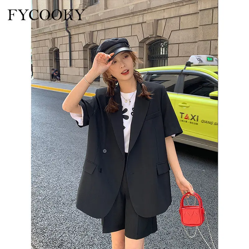 Korean Loose 2 Piece Women Short Set with Blazer Summer 2023 Thin Short-sleeved Blazers + Shorts Casual Office Ladies Suits