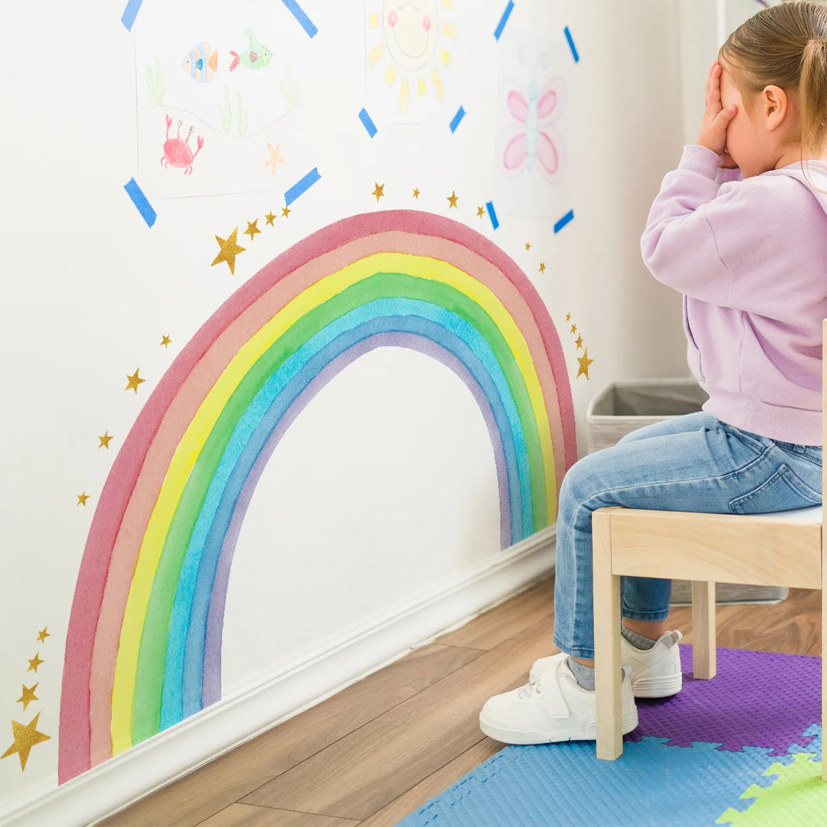 Large Rainbow and Stars Wall Decals Self-Adhesive Wall Stickers for Living Room Bedroom Nursery Decor Bright Colorful Wall Art