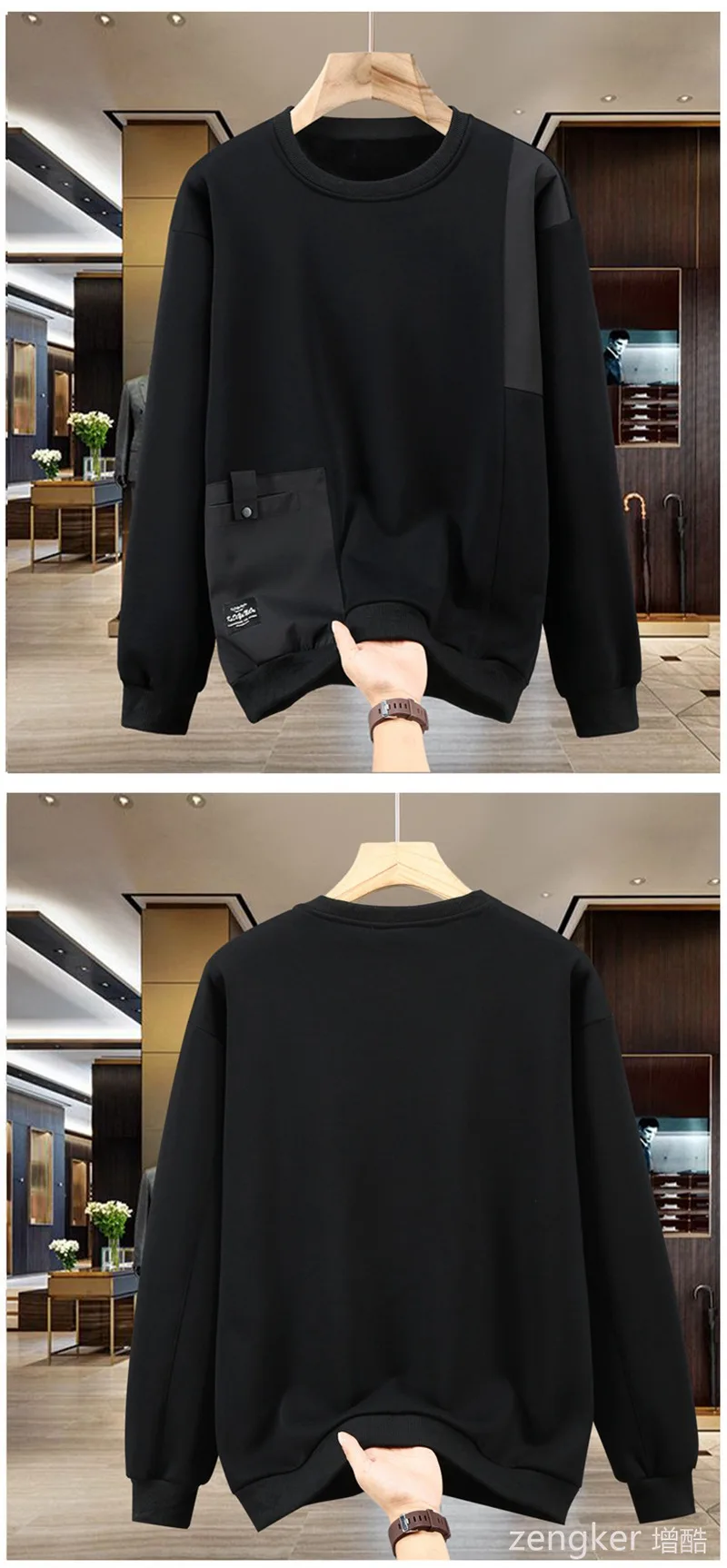 Extra-large spring autumn hoodie for men looseness round neck large size casual style patchwork design base shirt for overweight