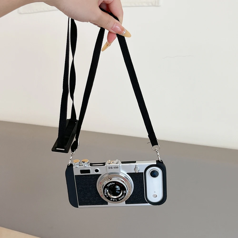 Camera Pattern Crossbody Lanyard Rope Phone Case For iPhone 18 17 16 15 14 13 12 11 Pro Max Soft Shockproof Silicone Cover Girls