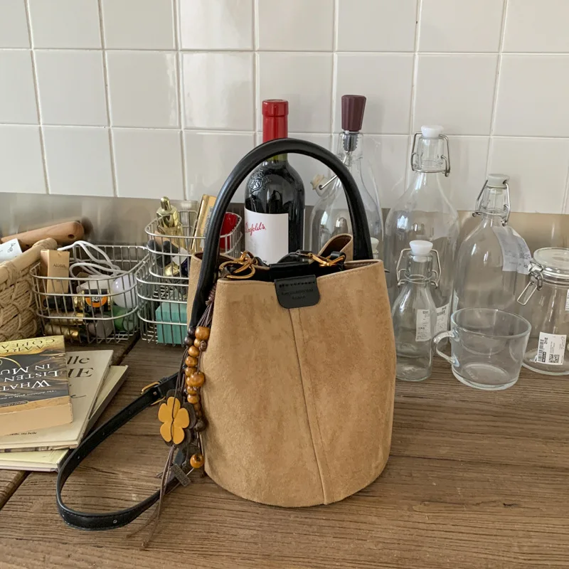 Vintage Matte Suede Bucket Bag Lazy Style Fashion Handbag Tote Sub Bag Casual Shoulder Crossbody Bag for Women