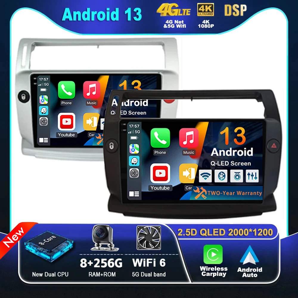 Android 13 Carplay Autoradio Per Citroen C4 C-Triomphe Quatre 2004 - 2014 Navigazione Gps Lettore Multimediale Stereo Wifi + 4G Dsp Bt