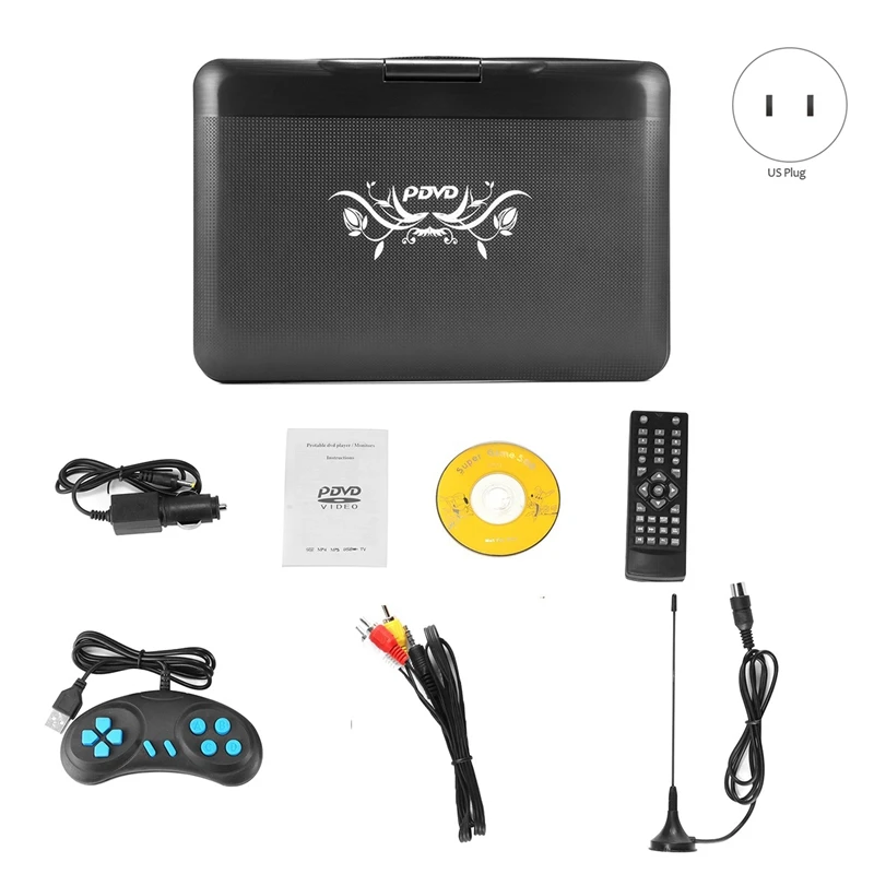 휴대용 가정용 차량용 DVD 플레이어, VCD, TV 플레이어, USB 라디오 어댑터, 지지대 TV, FM, USB 게임-US 플러그, 13.9 인치