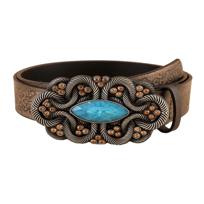 

Ethnic Pin Buckle Belt for Women Vintage Wide Belts Engraved Pattern Cowboy Belt