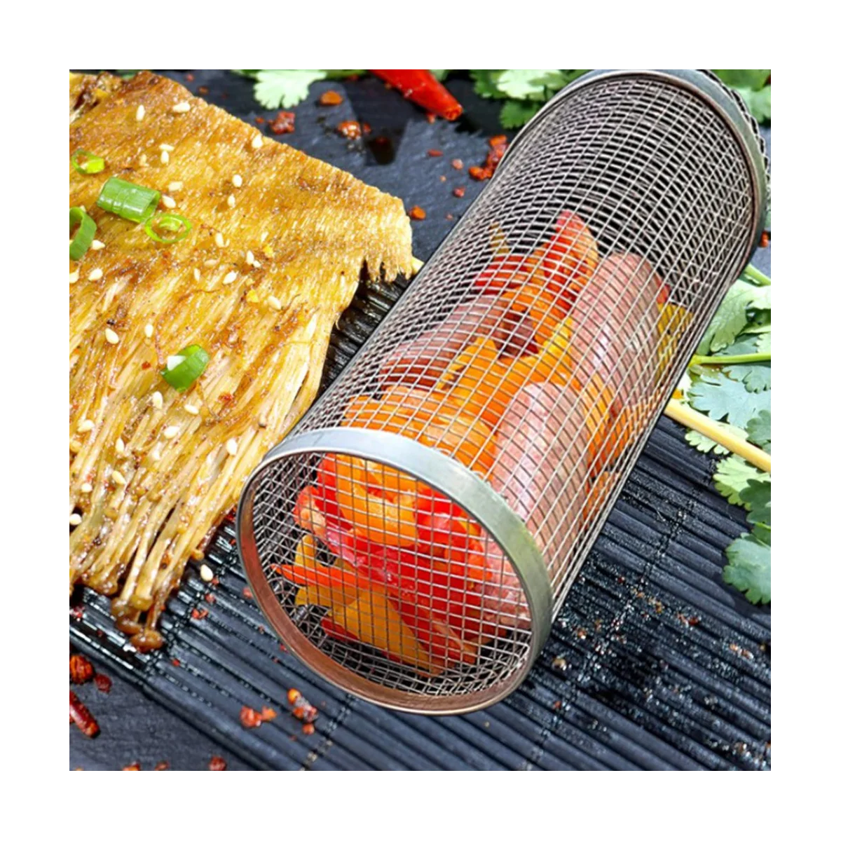 

3PCS Barbecue Rolling Grill Basket BBQ Net Tube Grill Basket BBQ Campfire Grid Family Travel Camping Picnic Cookware