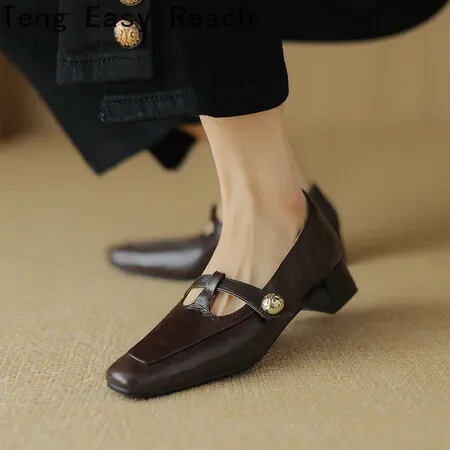 

2024 Spring Summer Fashion New Elegant Square Toe Thick Heel Women's Shoes Casual Buckle Shallow Mouth Breathable High Heels