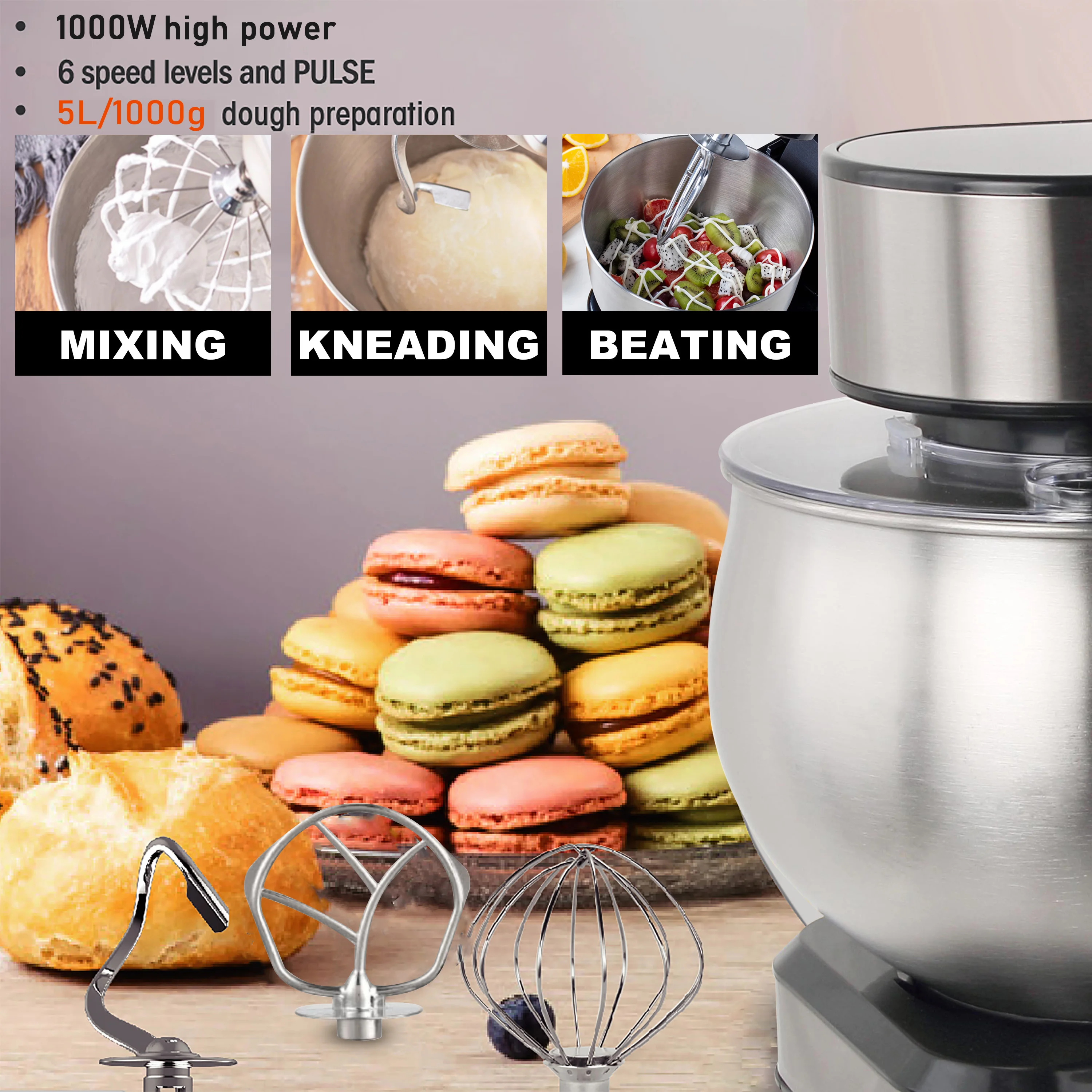 5L Stand Mixer Kitchen Aid Food Blender Cream Whisk Cake Dough Mixers With Bowl Stainless Steel Chef Machine Charm Sonifer 2