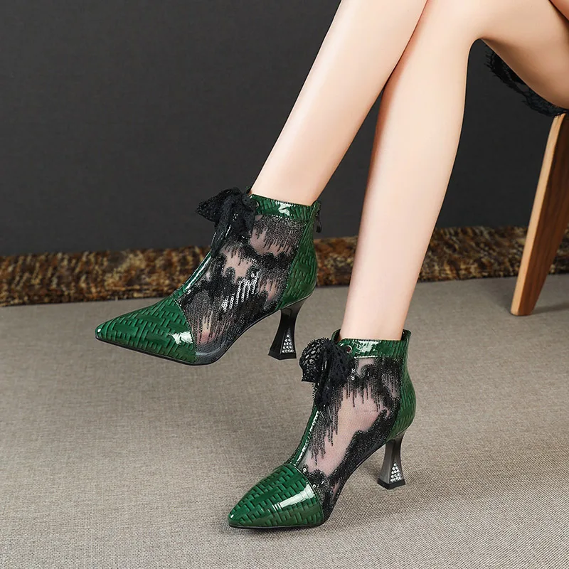 

Phoentin Elegant pointed toe short summer boot women's shoes free shipping Ankle Boots Genuine Leather patchwork mesh FT2314