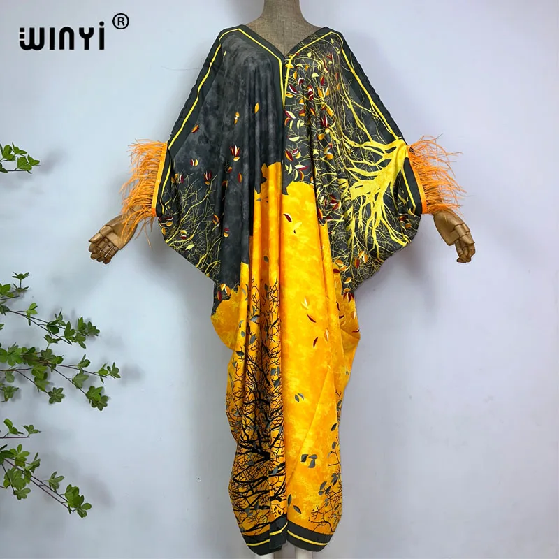 2023 WINYI beach Dresses For Women fashion print V-neck Kaftan Clothes Sexy Boho Feather Sleeve Robe Evening Long dress