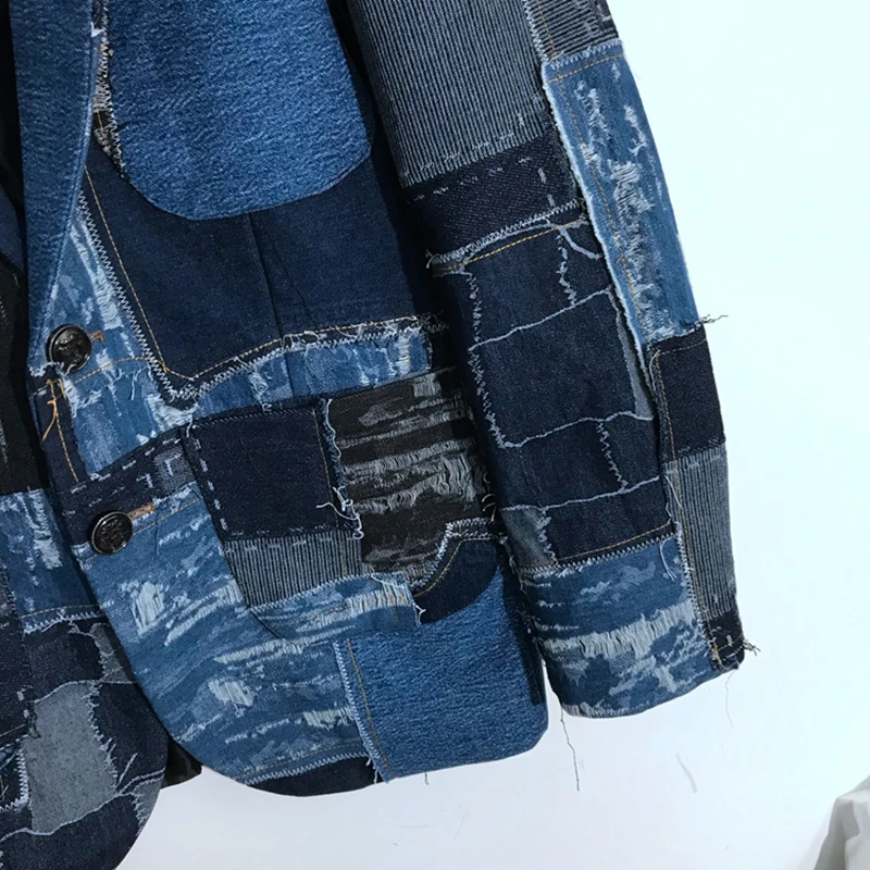 PFHQ Men's Hole Denim Patchwork Wearproof Blazers Tide Creativity Personality Worn Out Vintage Autumn Streetwear Jackets 21Z1387