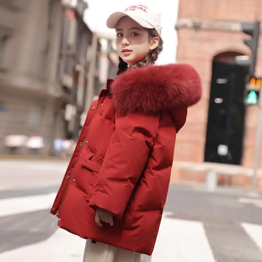 Children Real Fur Collar Thicker Down Jacket Winter New Hooded