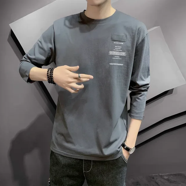 Clearance Sale Men's Long Sleeve Cotton T-Shirt Round Neck Loose Fit Plus Size Trendy Inner Autumn Clothes Base Layer Top