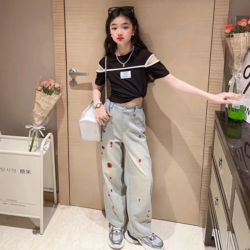 

Teenage Girls Clothes Set New Summer Kids Cotton Short-sleeved T-shirt + Embroidered Jeans 2pc Children's Wide Leg Pants 6-14Y