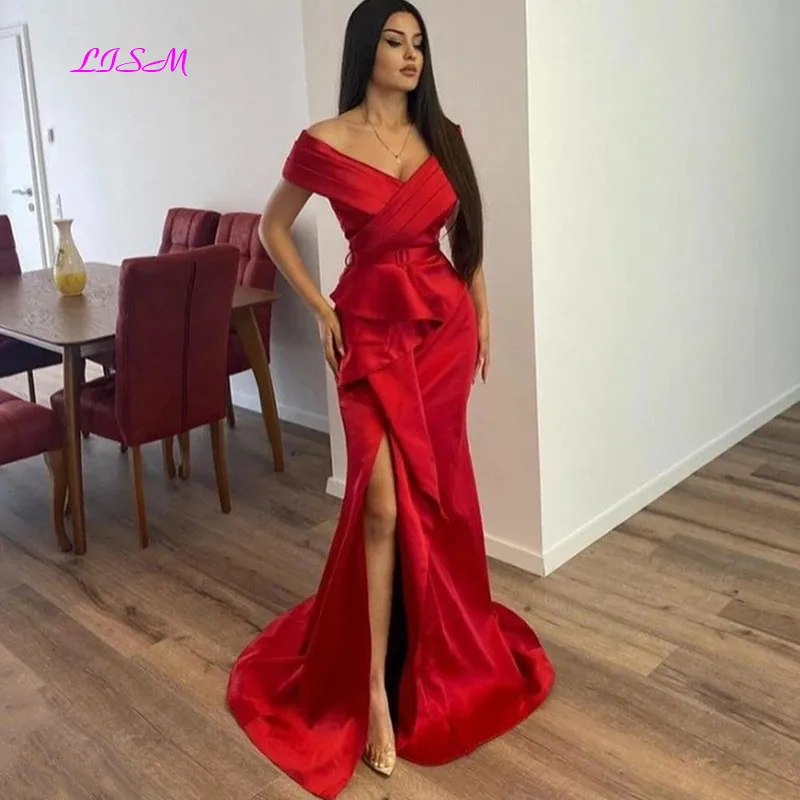 

Sexy Red V-Neck Mermaid Evening Dress 2022 Off The Shoulder Side Split Sashes Satin Formal Prom Gowns For Women Robes De Soirée