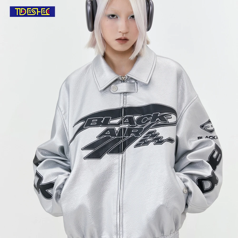 

Hip Hop Vintage Oversized American Style Motorcycle Leather Jacket Embroidery Loose Men Streetwear Harajuku Zipper Short Coat