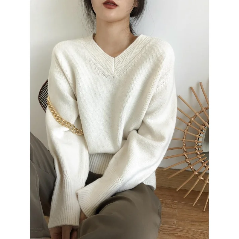 

Свитер с высокой талией и V-образным вырезом, Женский японский костюм в стиле ретро, новый универсальный свободный свитер, топ, пуловер на осень и зиму, женские топы