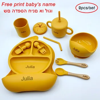 9Pcs Baby Feeding Set Personalized Name Plate Bowl For Kids Straw Cup Children's Silicone Tableware Free Customization Name