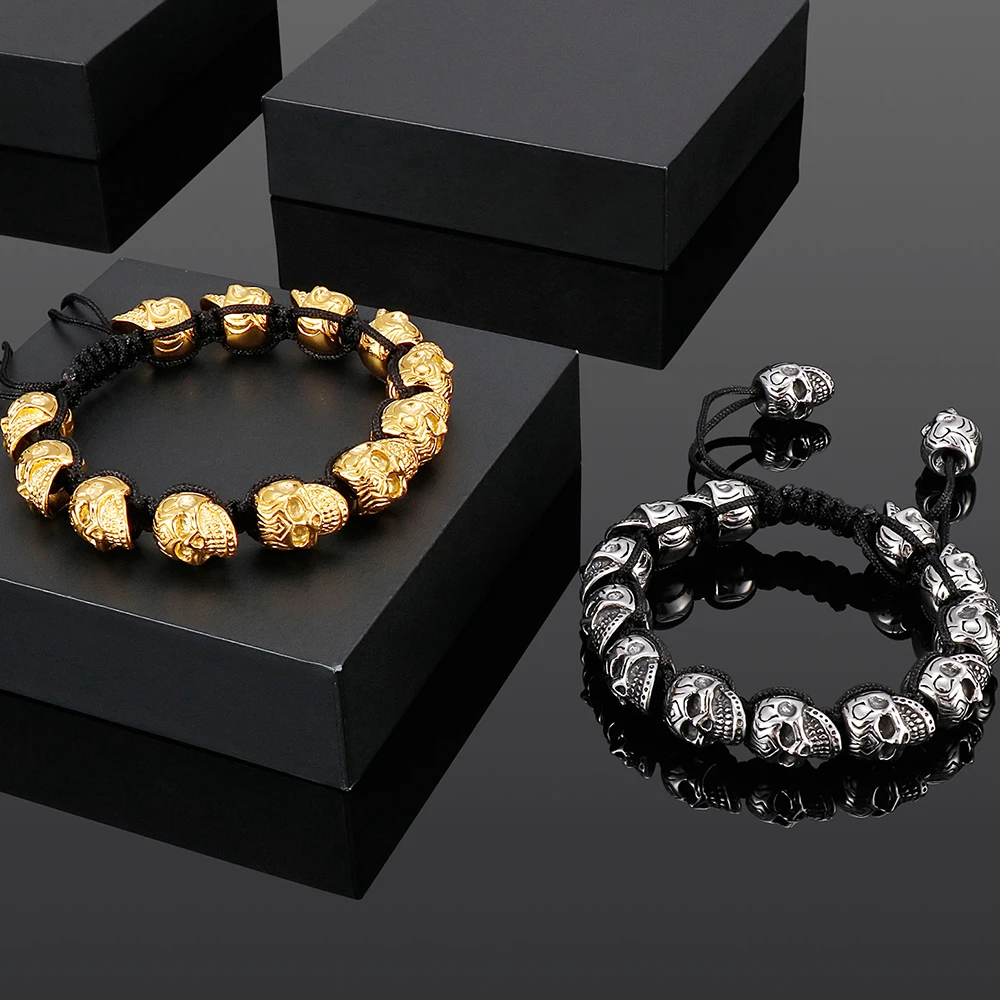 Oneress 2 Braccialetti Elasticizzati Con Ciondolo Teschio, Perline Di Agata Nera 8 Mm, Gioielli Gotici Per Uomo E Donna