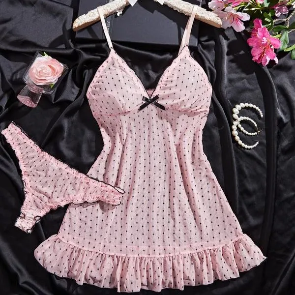 Ensemble de lingerie sexy pour femmes, robe de nuit en maille extensible à pois rose à col en V profond, bretelles spaghetti, culotte, ensemble de vêtements de nuit en deux pièces 1 Ensemble de lingerie sexy pour femmes, robe de nuit en maille extensible à pois rose à col en V profond, bretelles spaghetti, culotte, ensemble de vêtements de nuit en deux pièces 1