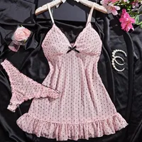 Ensemble de lingerie sexy pour femmes, robe de nuit en maille extensible à pois rose à col en V profond, bretelles spaghetti, culotte, ensemble de vêtements de nuit en deux pièces 1