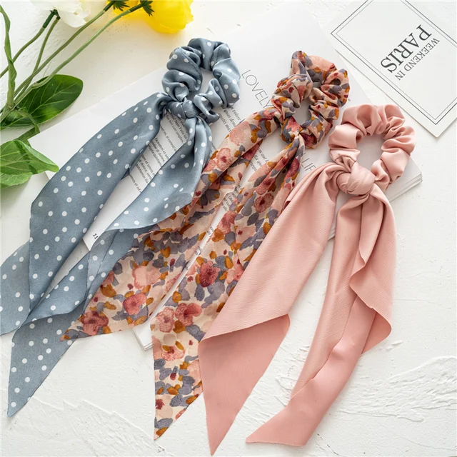 New Floral Print Scrunchies Chiffon Bow Elastic Hair Bands Women Hair Ties Rubber Bands Ponytail Scarf Fashion Hair Accessories 2