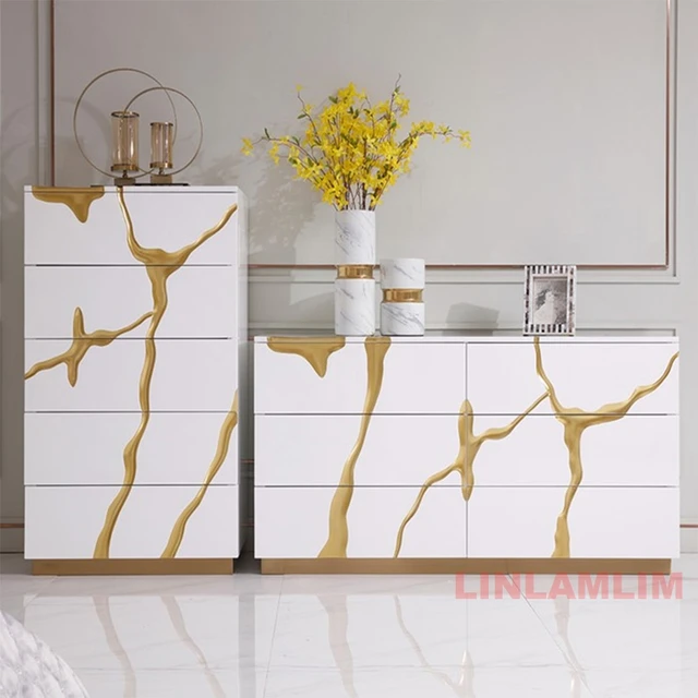 خزانة جانبية حديثة بتصميم تجريدي ذهبي، خزانة تخزين بيضاء عالية اللمعان مع أدراج متعددة، طاولة وحدة تحكم لغرفة الطعام 2