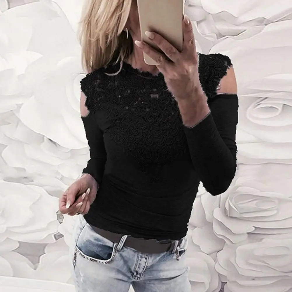 Breathable  Sweet Crochet Lace Stitching Tunic Top Slim Fit Casual Blouse Lace Neck   Streetwear